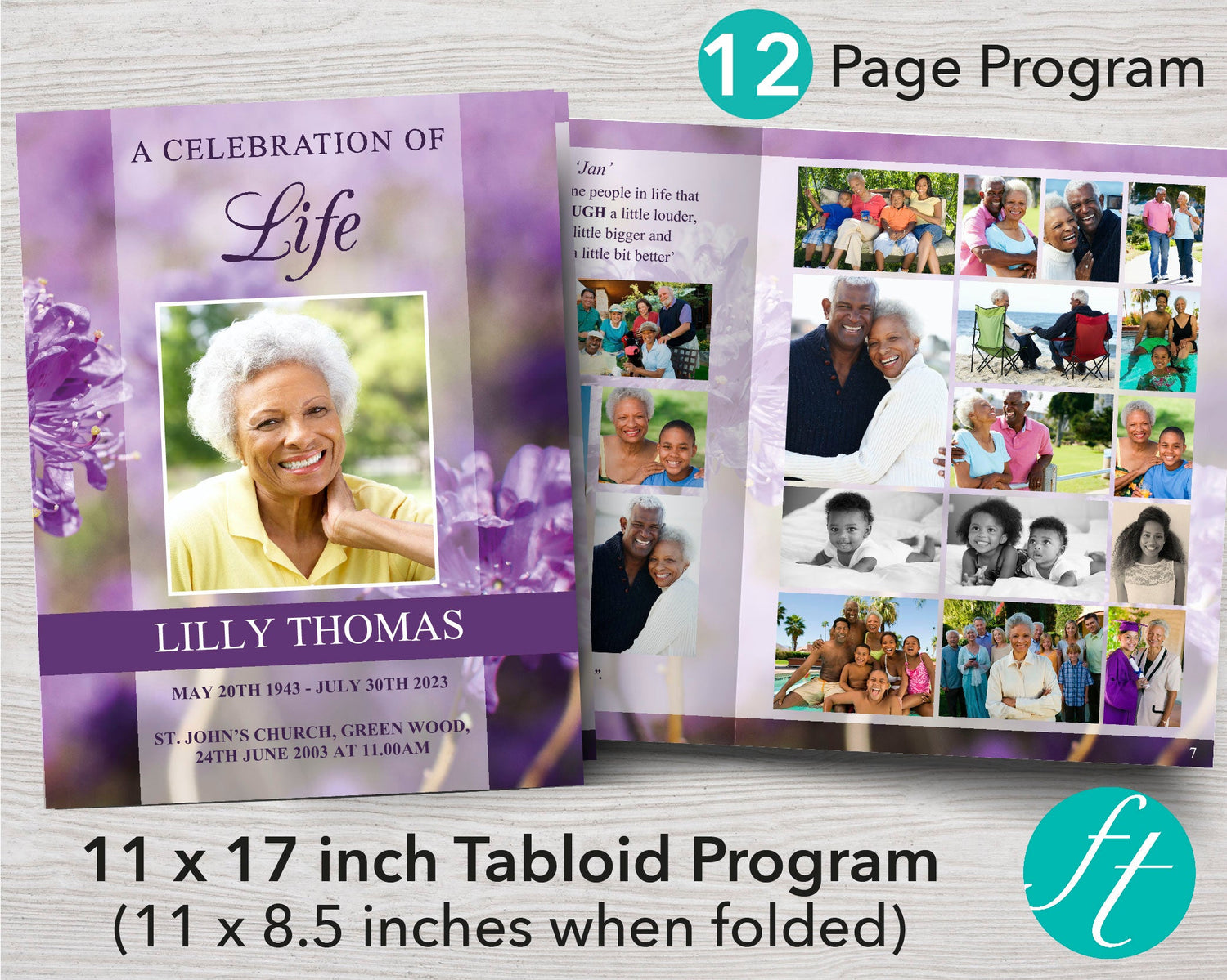 12 Page Purple Flowers Funeral Program Template (11 x 17 inches)