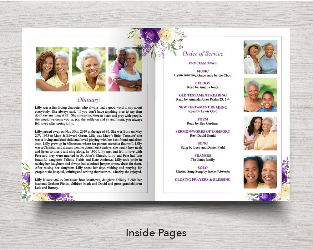 4 Page Purple Bloom Funeral Program Template (11 x 17 inches)