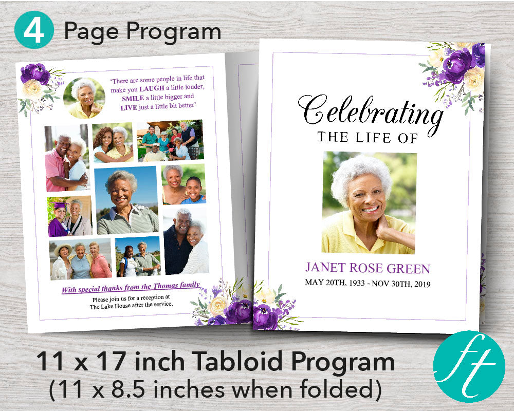 4 Page Purple Bloom Funeral Program Template (11 x 17 inches)