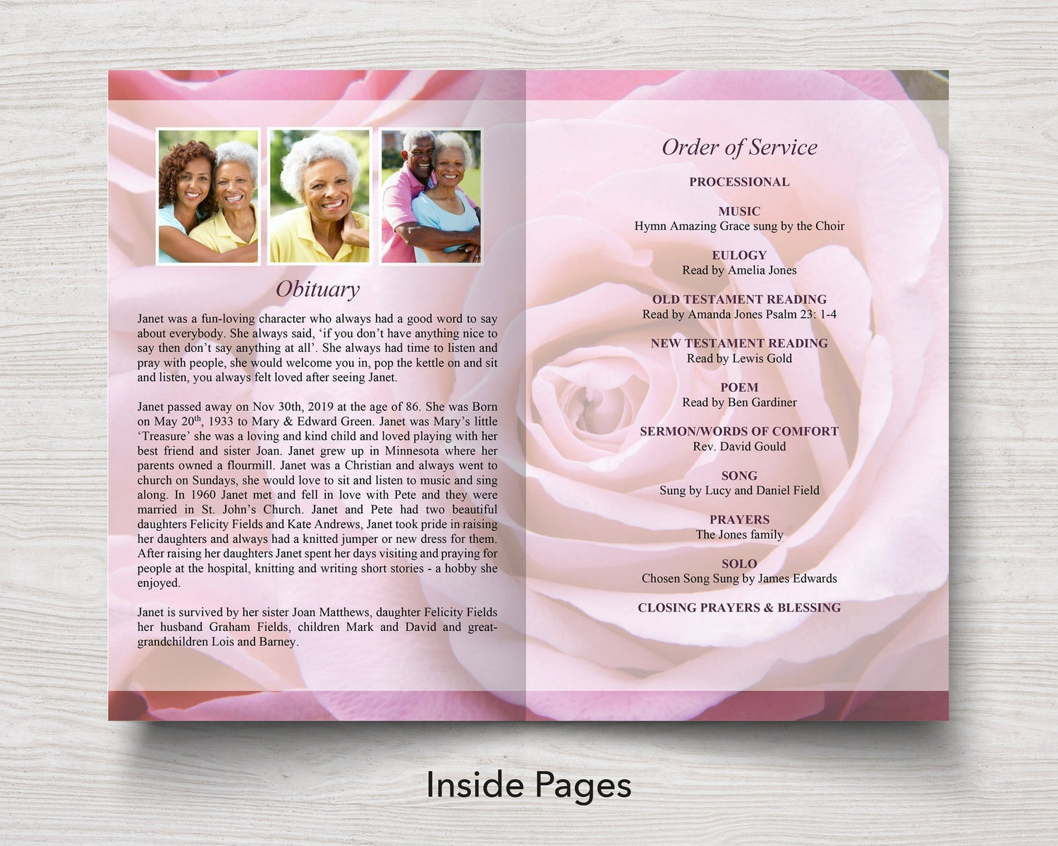 8 Page Pink Rose Funeral Program Template (Commercial License)