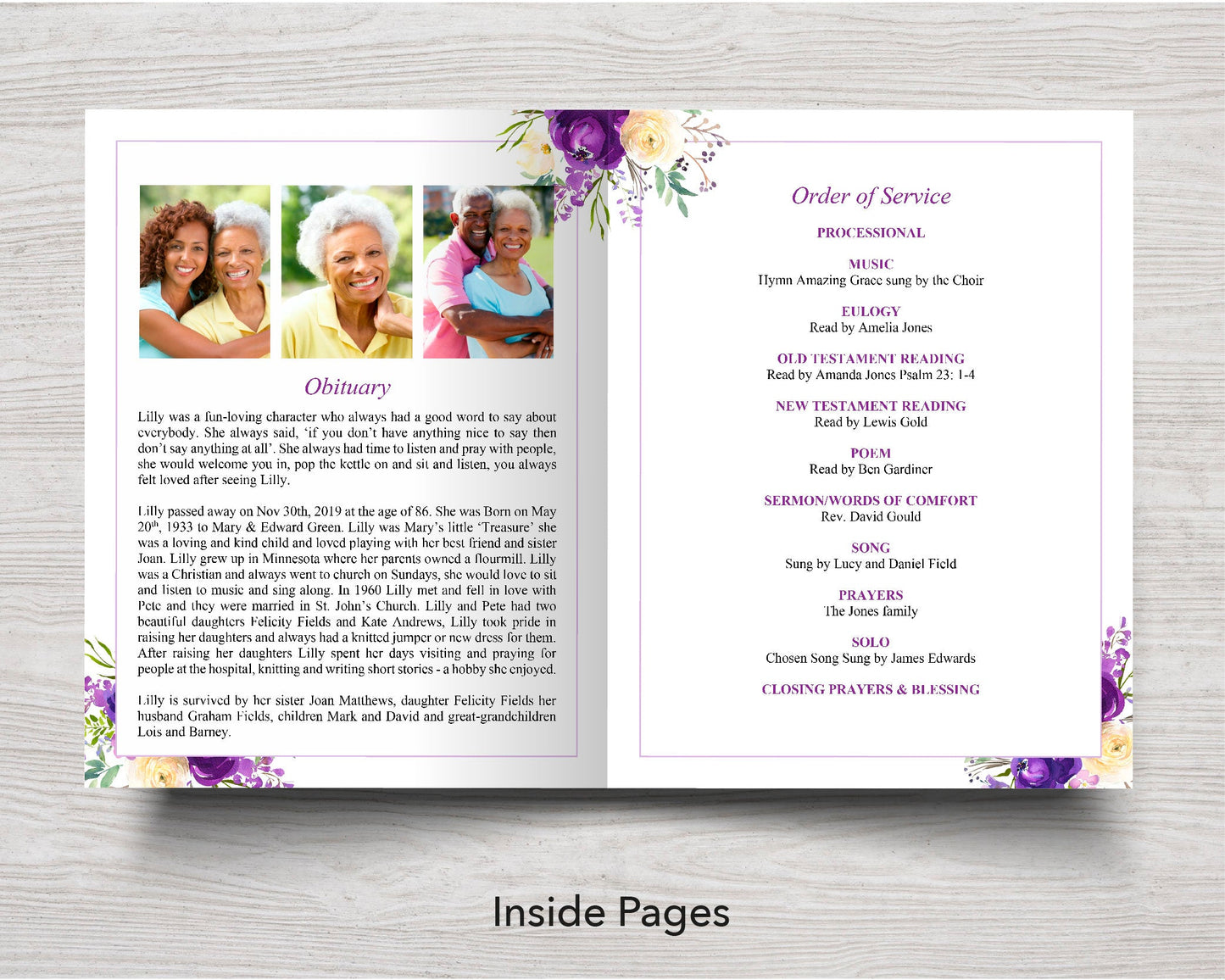 8 Page Purple Bloom Funeral Program Template (11 x 17 inches)