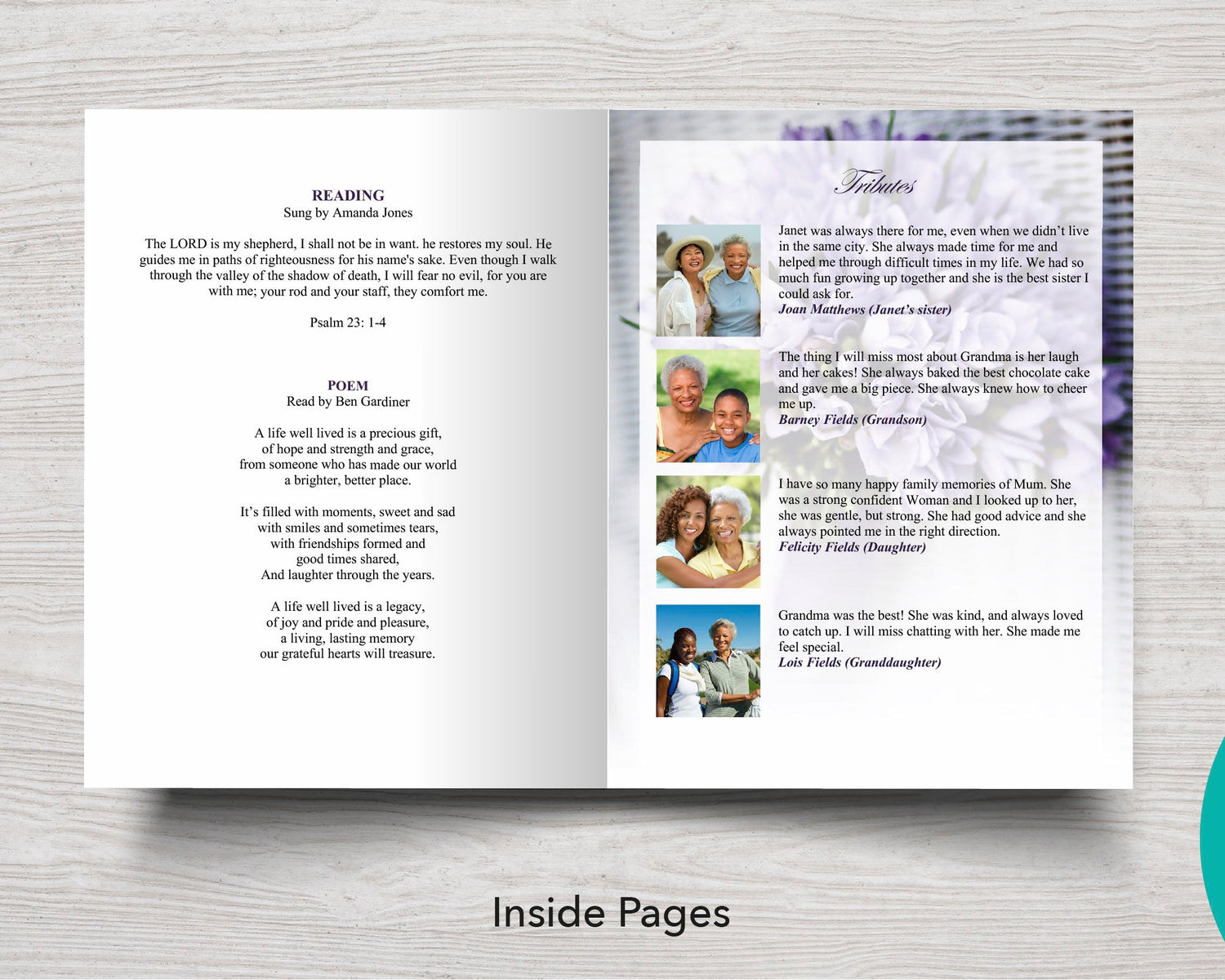 8 Page Purple Bouquet Funeral Program Template (11 x 17 inches)
