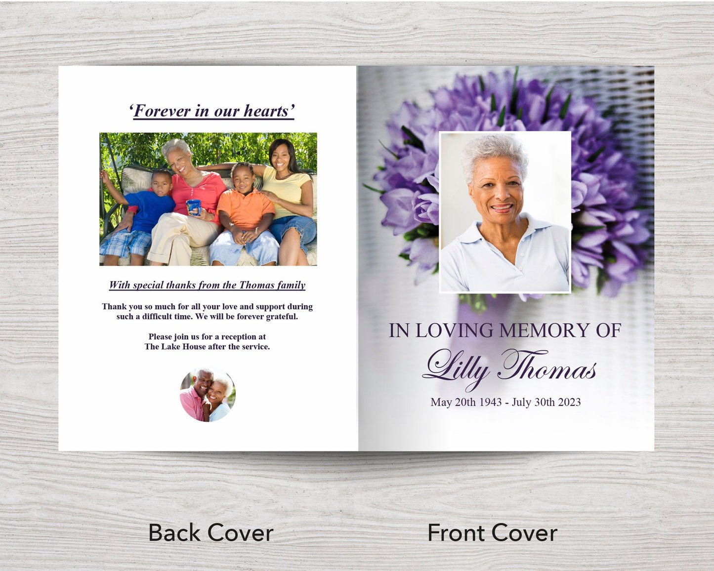 8 Page Purple Bouquet Funeral Program Template (11 x 17 inches)