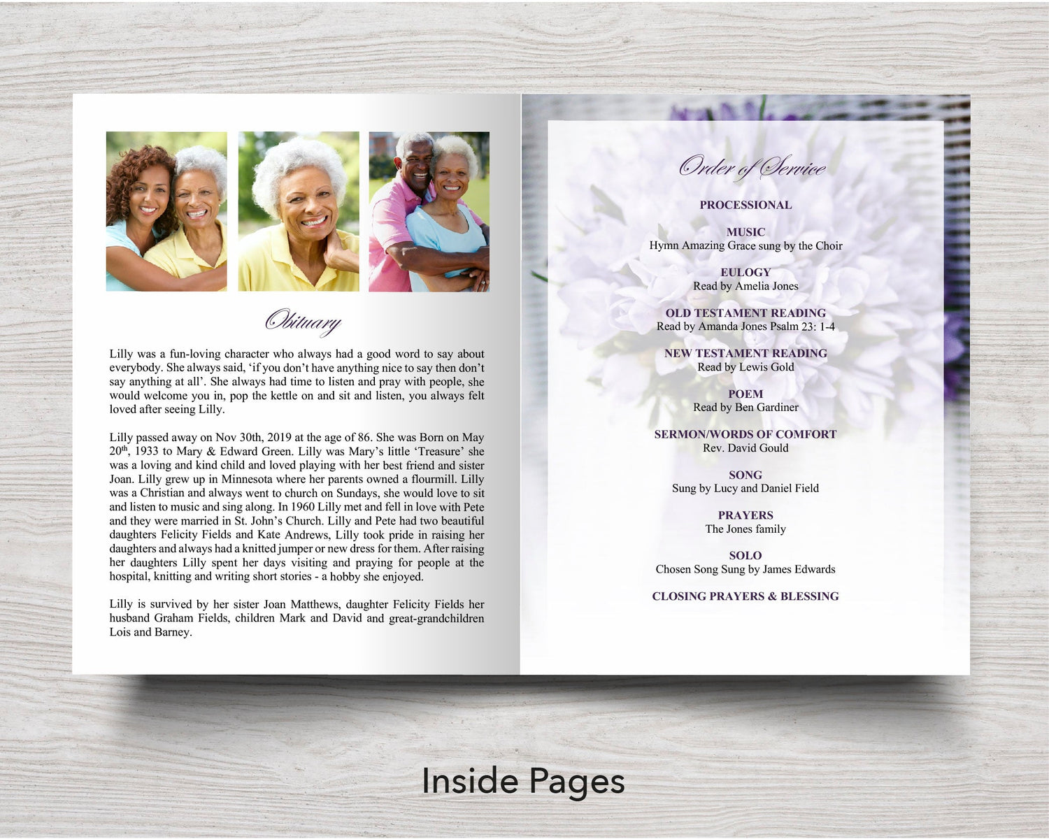 8 Page Purple Bouquet Funeral Program Template (11 x 17 inches)