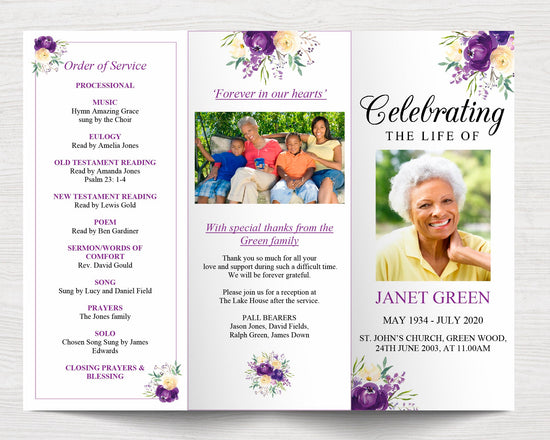 Trifold Funeral Program Template with Purple Flowers – Funeral Templates