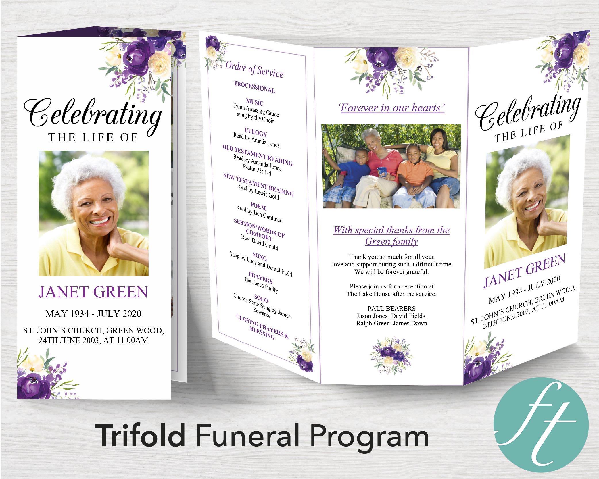 Trifold Funeral Program Template with Purple Flowers Funeral Templates Trifold Funeral Program Template with Purple Flowers Funeral Templates
