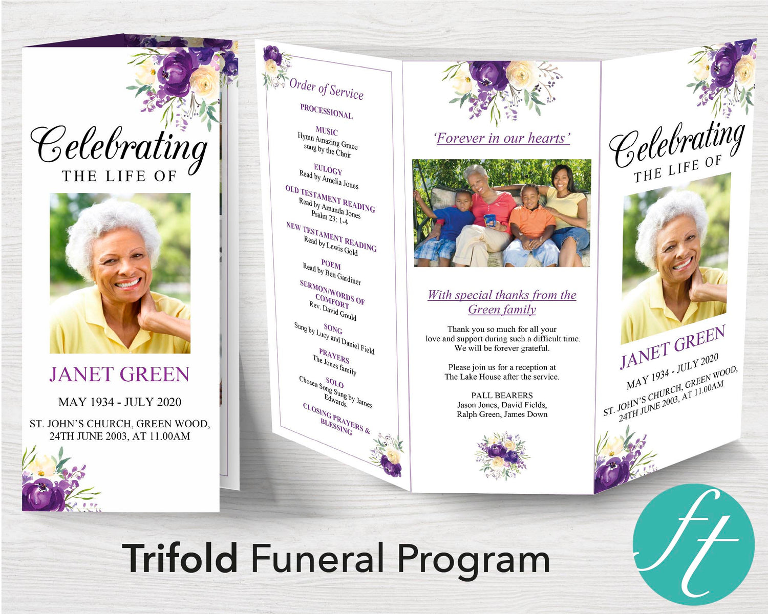 Trifold Purple Bloom Funeral Program Template