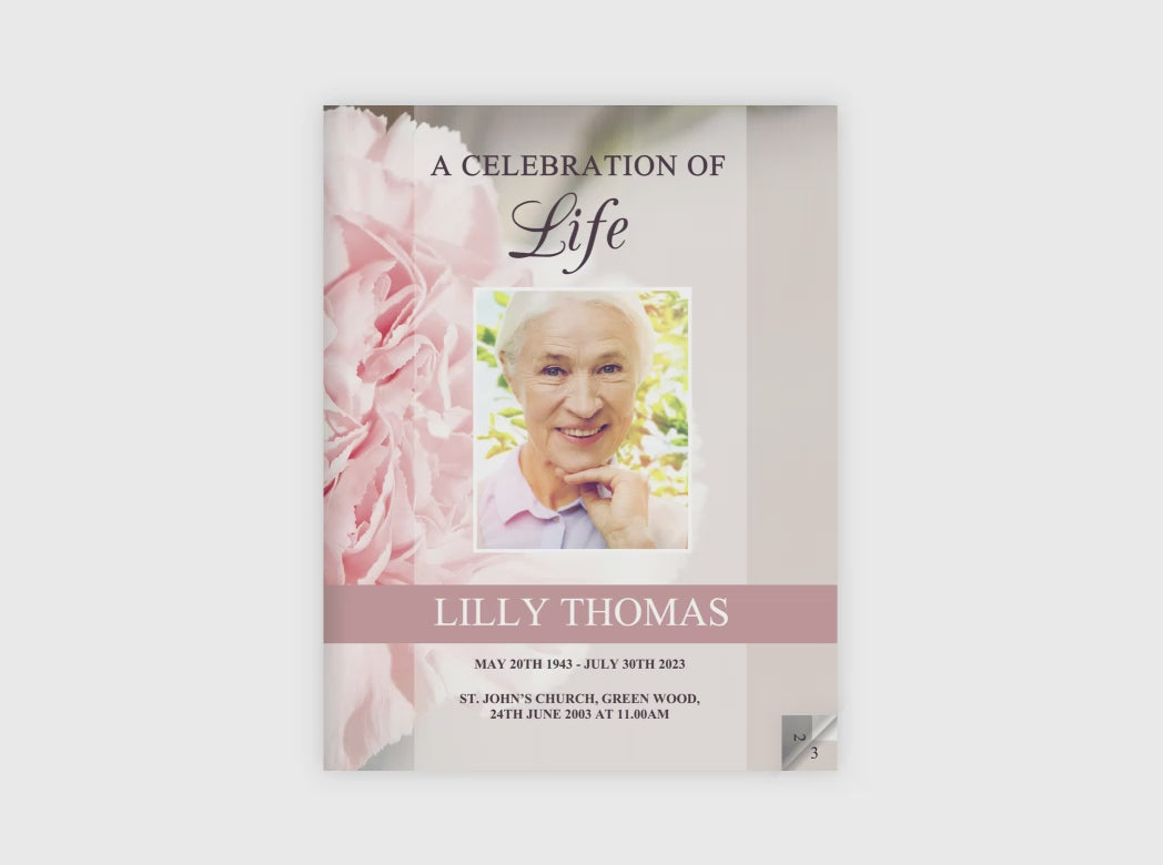 12 Page Pink Carnations Funeral Program Template (11 x 17 inches)