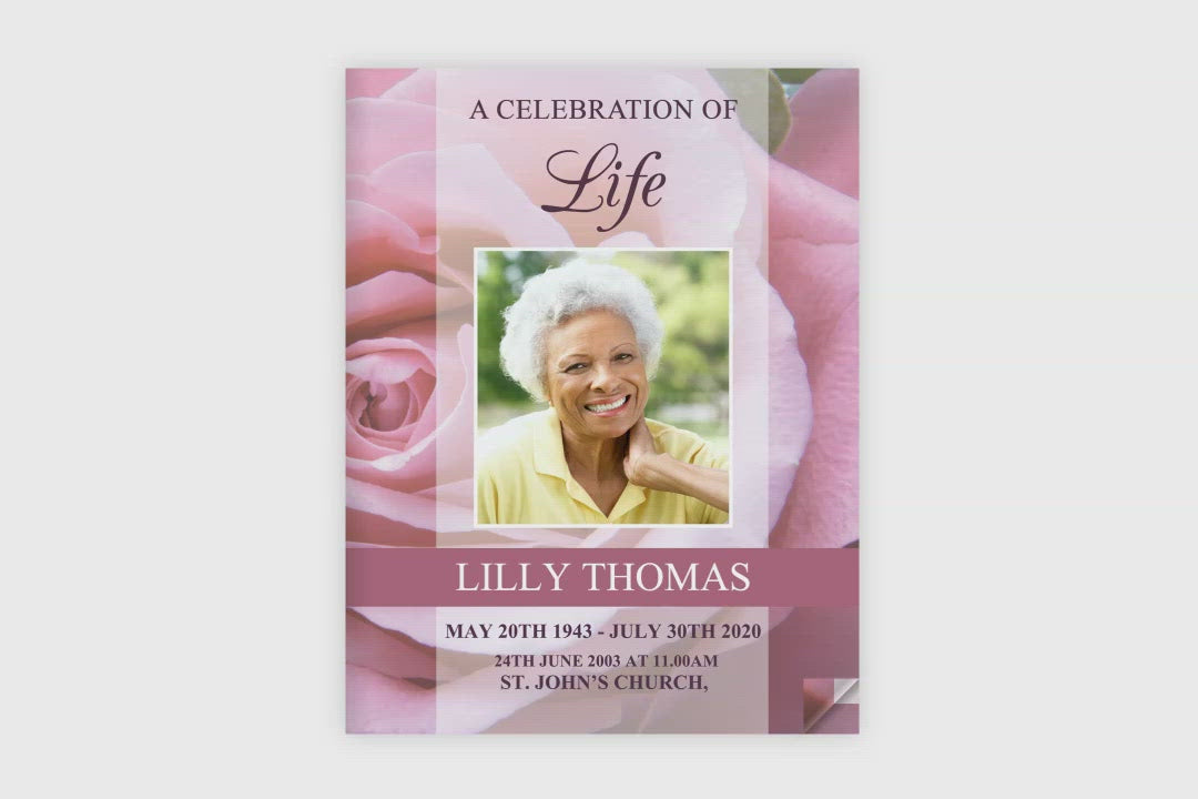 8 Page Pink Rose Funeral Program Template (11 x 17 inches)
