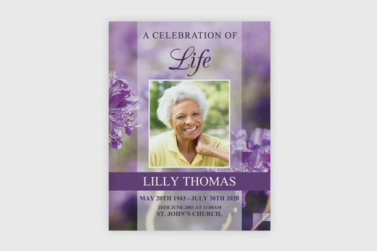 8 Page Purple Flowers Funeral Program Template (11 x 17 inches)