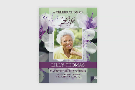 4 Page Purple Blossom Funeral Program Template (11 x 17 inches)