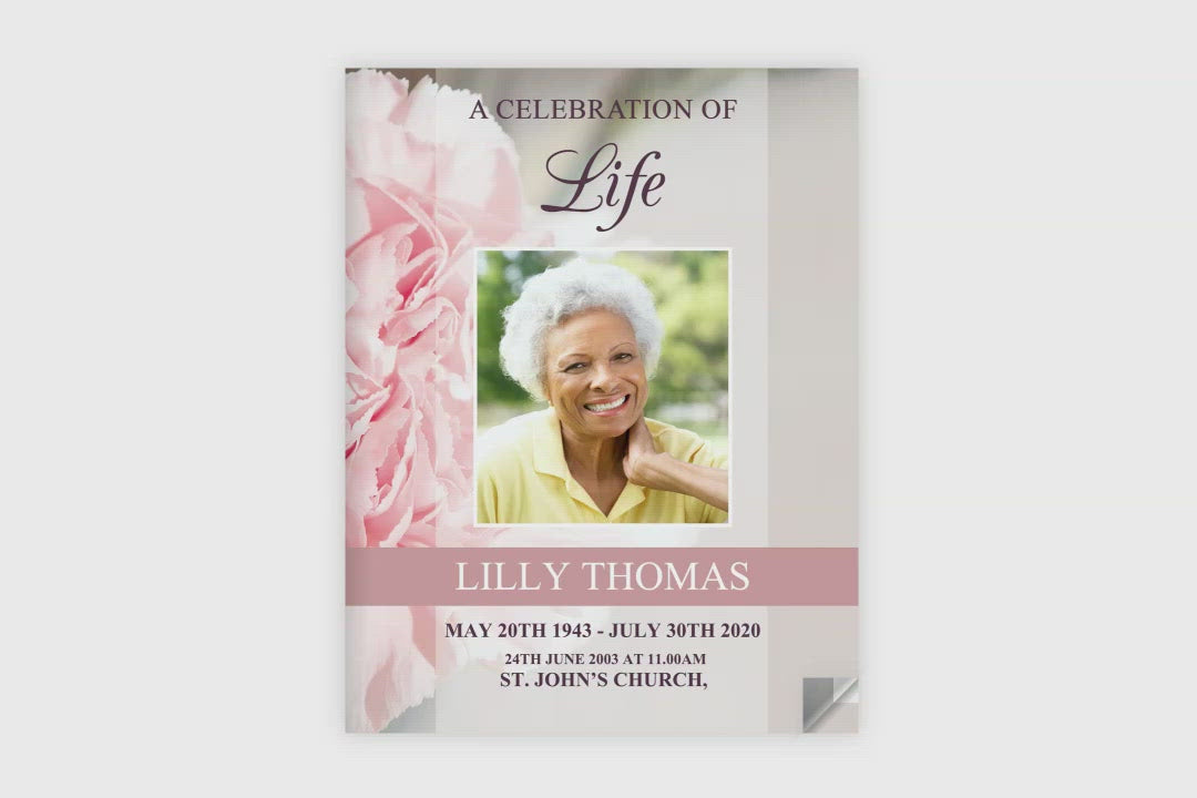 8 Page Pink Carnations Funeral Program Template (11 x 17 inches)