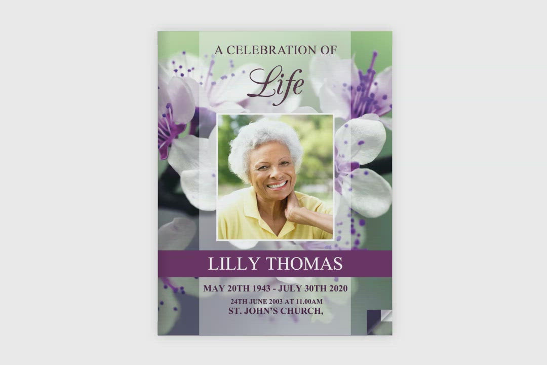8 Page Purple Blossom Funeral Program Template (11 x 17 inches)