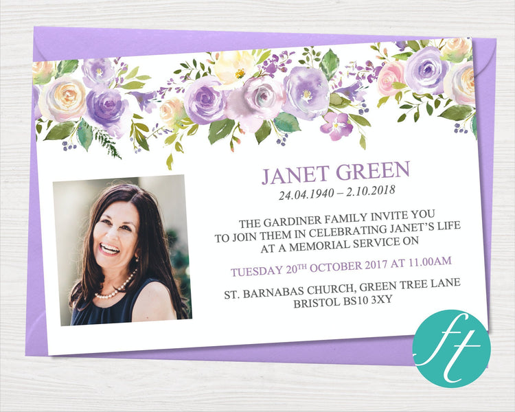 Lilac Bouquet Funeral Invitation Card | Memorial Invitation Card ...