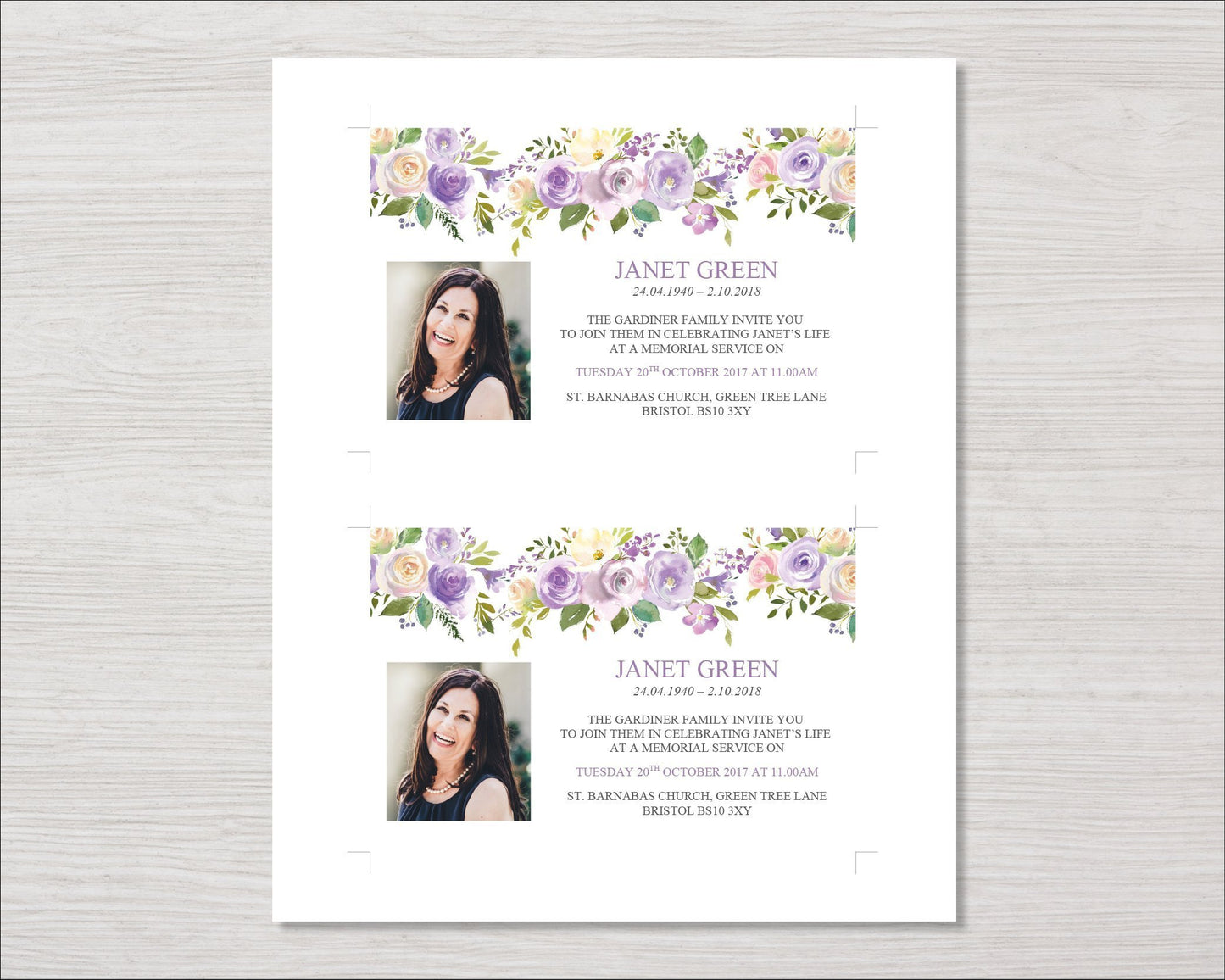 Lilac Bouquet Funeral Invitation Card