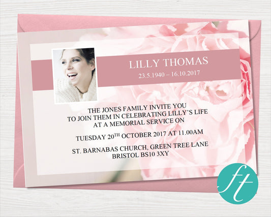 Pink Carnations Funeral Invitation Card