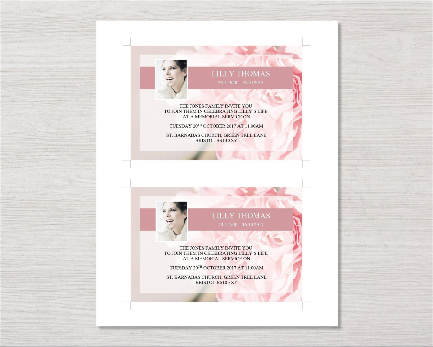 Pink Carnations Funeral Invitation Card