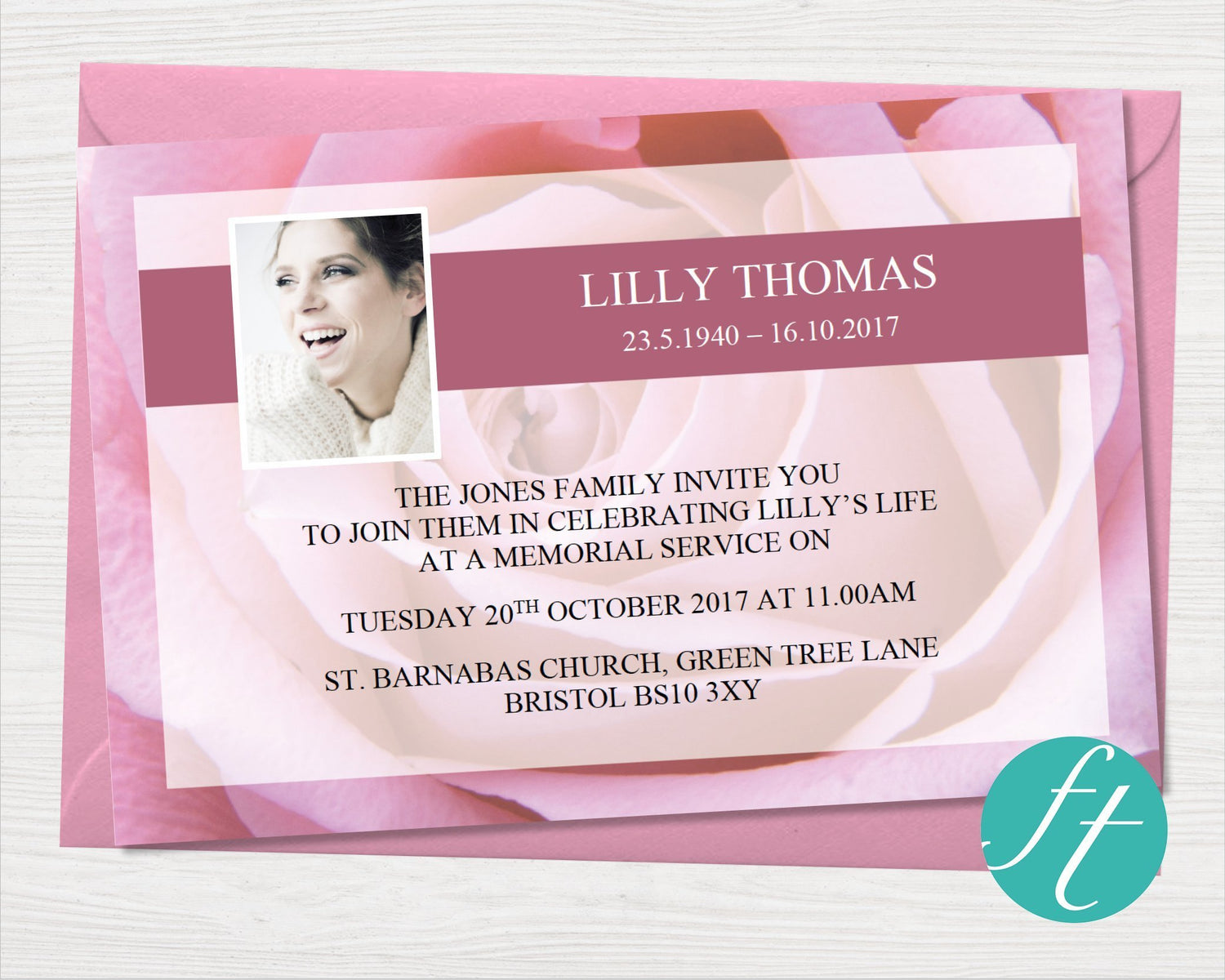 Pink Rose Funeral Invitation Card