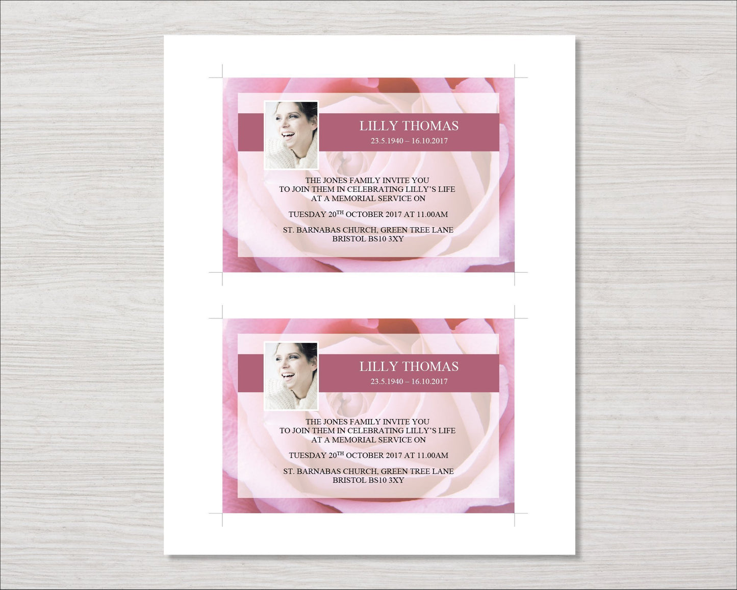 Pink Rose Funeral Invitation Card