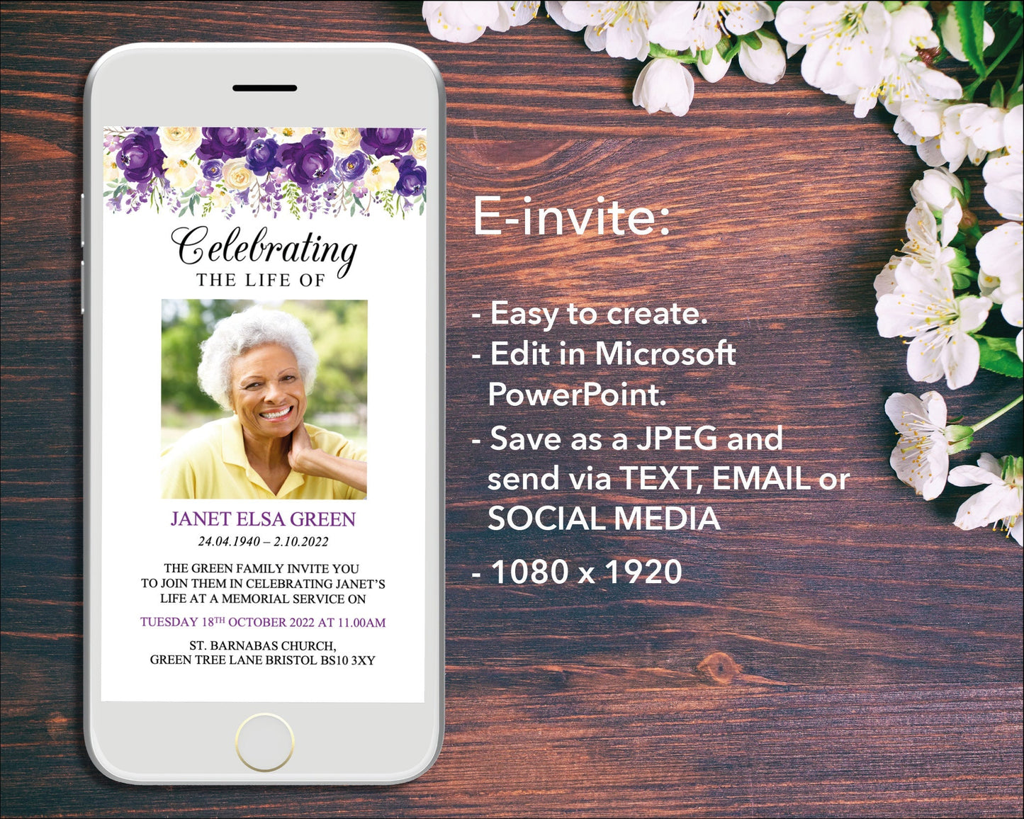 Purple Bloom Funeral e-Invite & Invitation Card