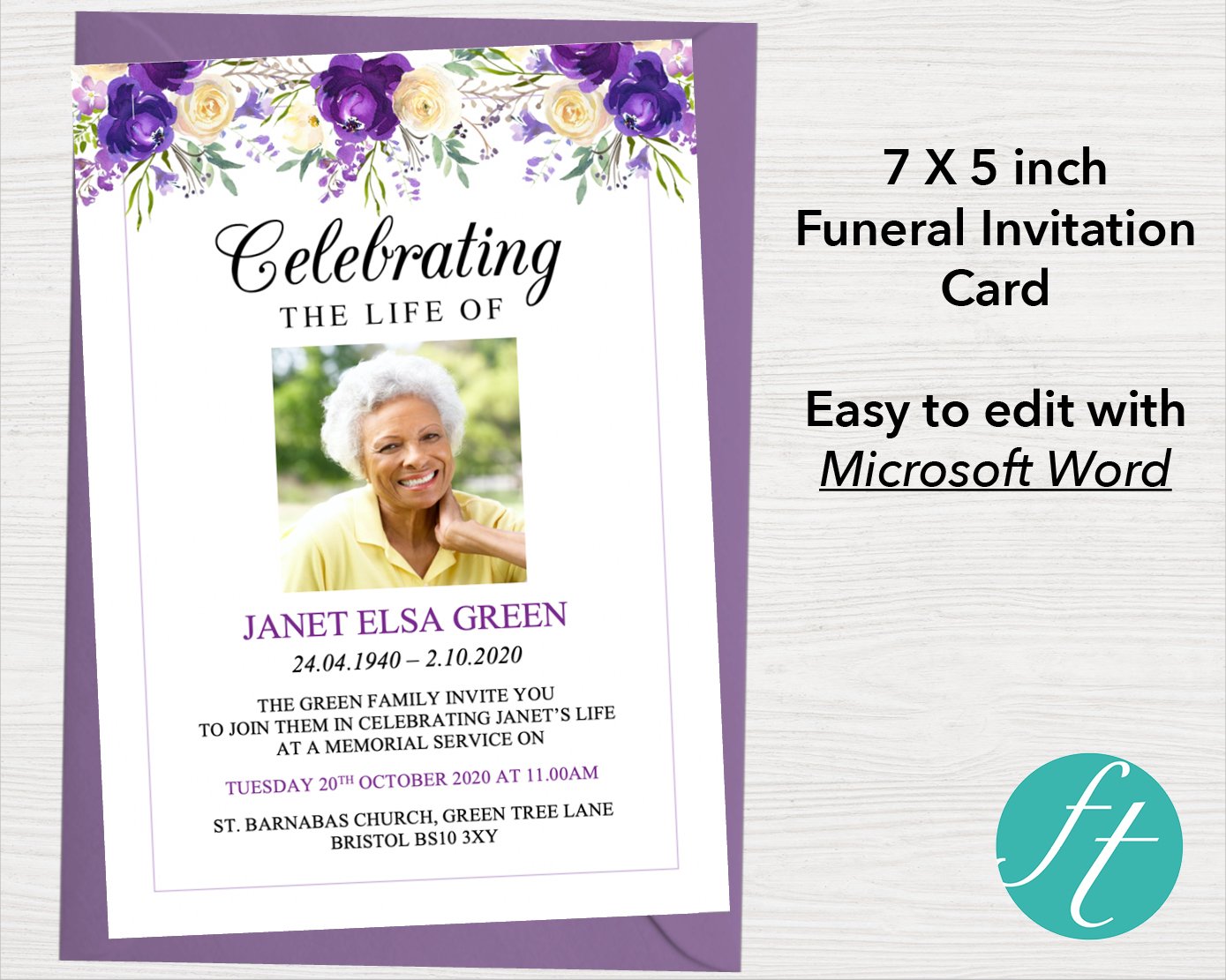 Purple Bloom Funeral Invitation Card