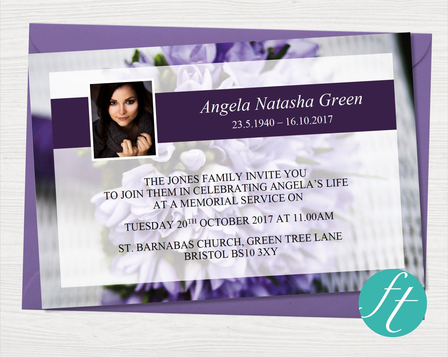 Purple Bouquet Funeral Invitation Card