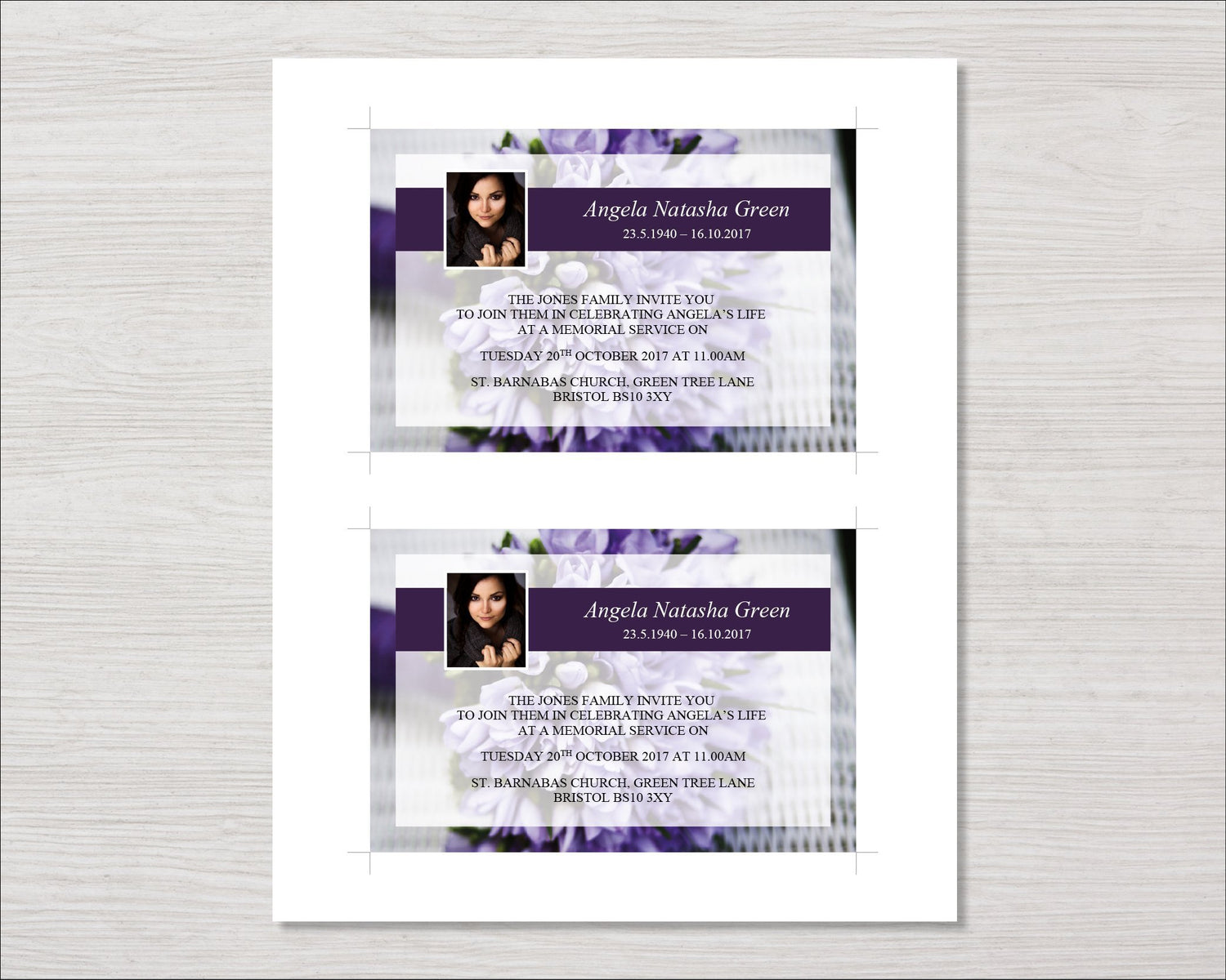 Purple Bouquet Funeral Invitation Card