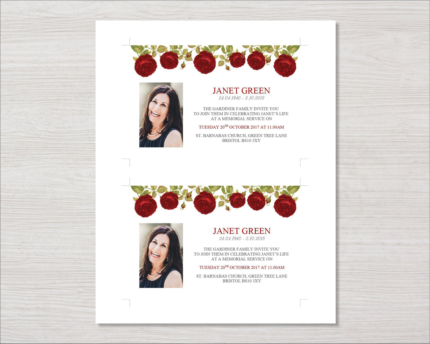 Red Rose Funeral Invitation Card