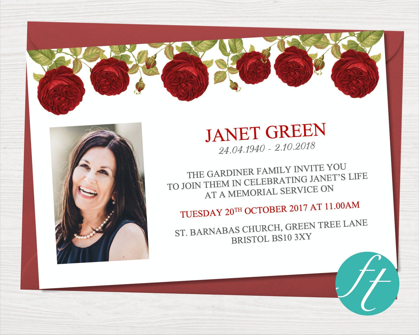 Red Rose Funeral Invitation Card