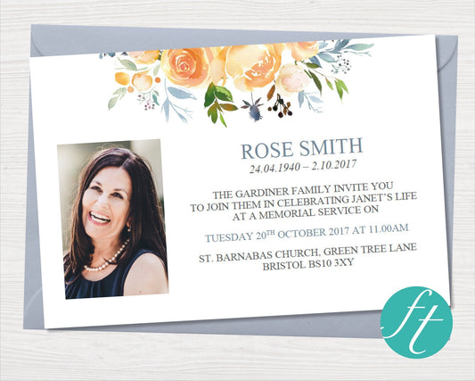 Yellow Rose Funeral Invitation Card