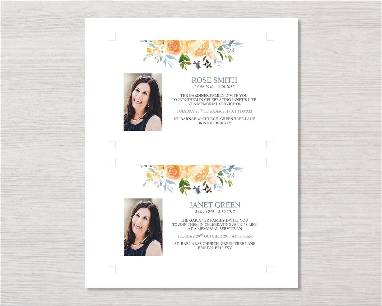 Yellow Rose Funeral Invitation Card