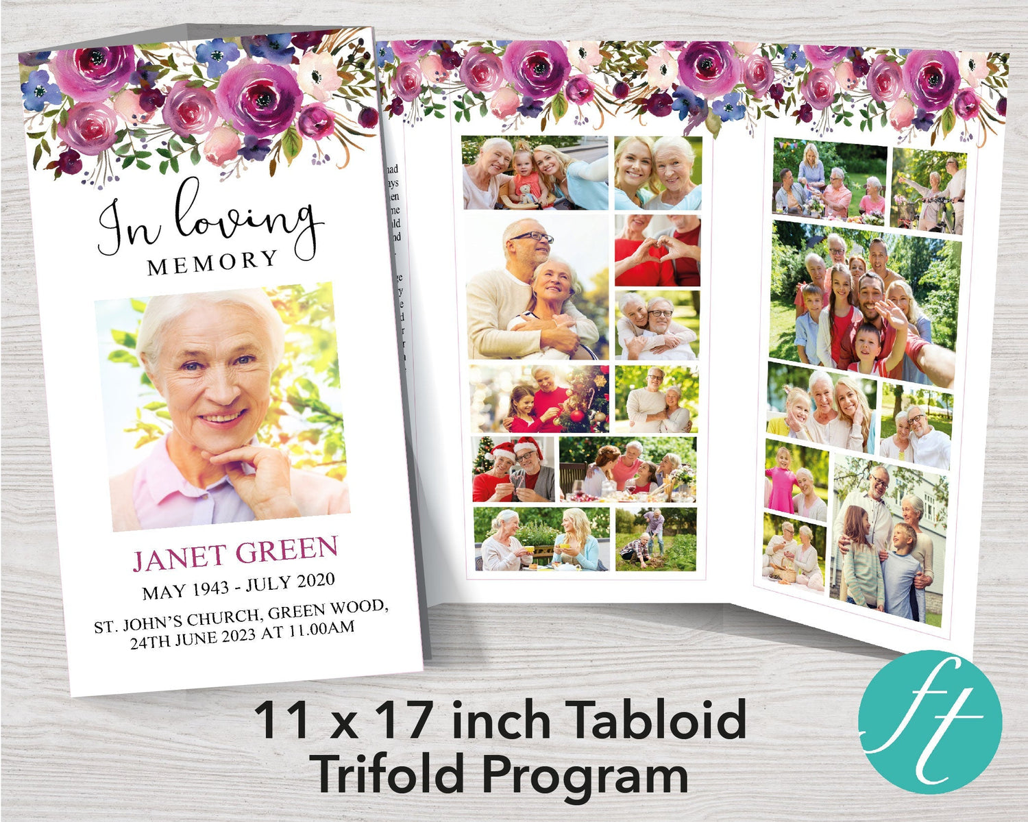 11x17 Trifold Floral Display Funeral Program Template