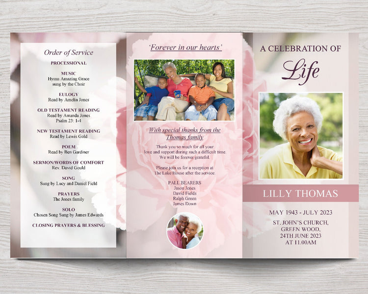 11x17 Trifold Funeral Program Template | Pink Carnations – Funeral ...