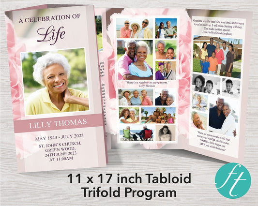 11x17 Trifold Pink Carnations Funeral Program Template