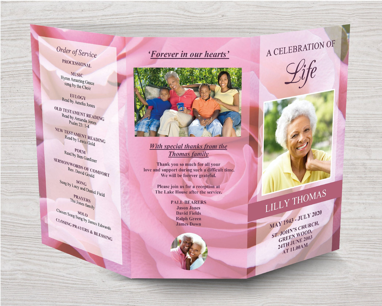 11x17 Trifold Pink Rose Funeral Program Template