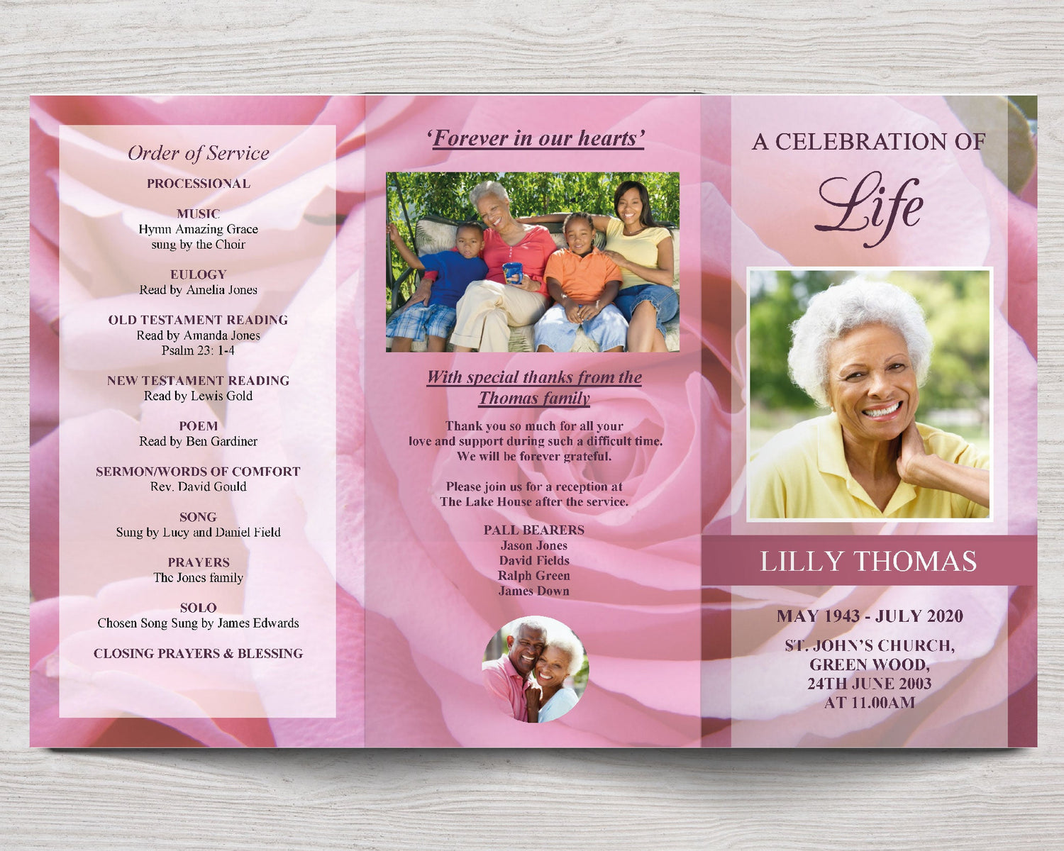 11x17 Trifold Pink Rose Funeral Program Template