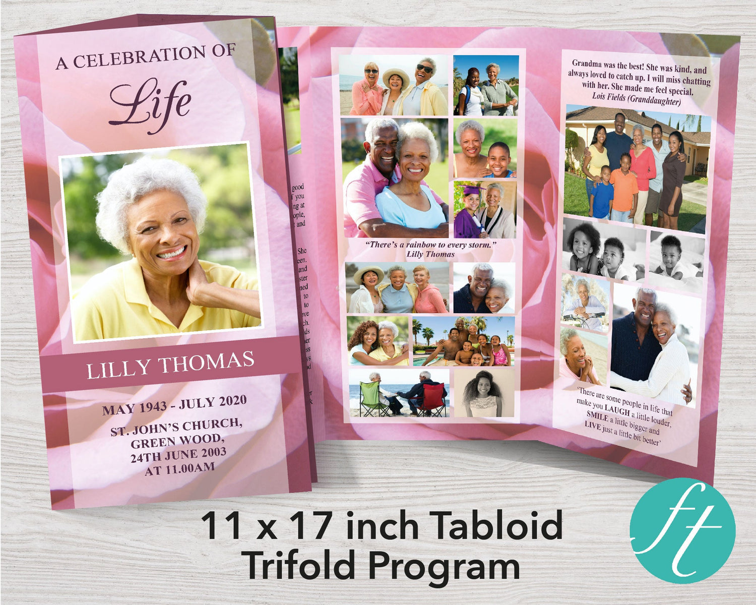 Pink Rose Funeral Program | Custom 11x17 Trifold Template