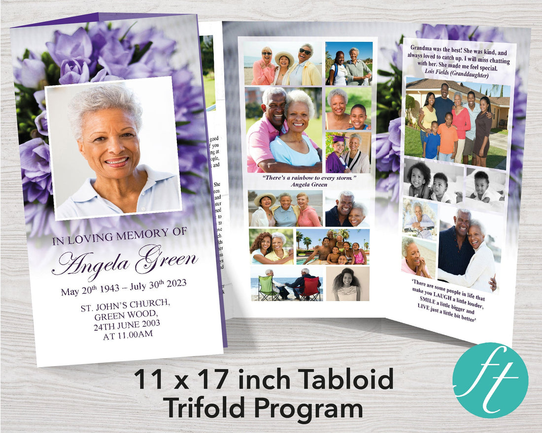 11x17 Trifold Funeral Program Template | Purple Bouquet – Funeral Templates