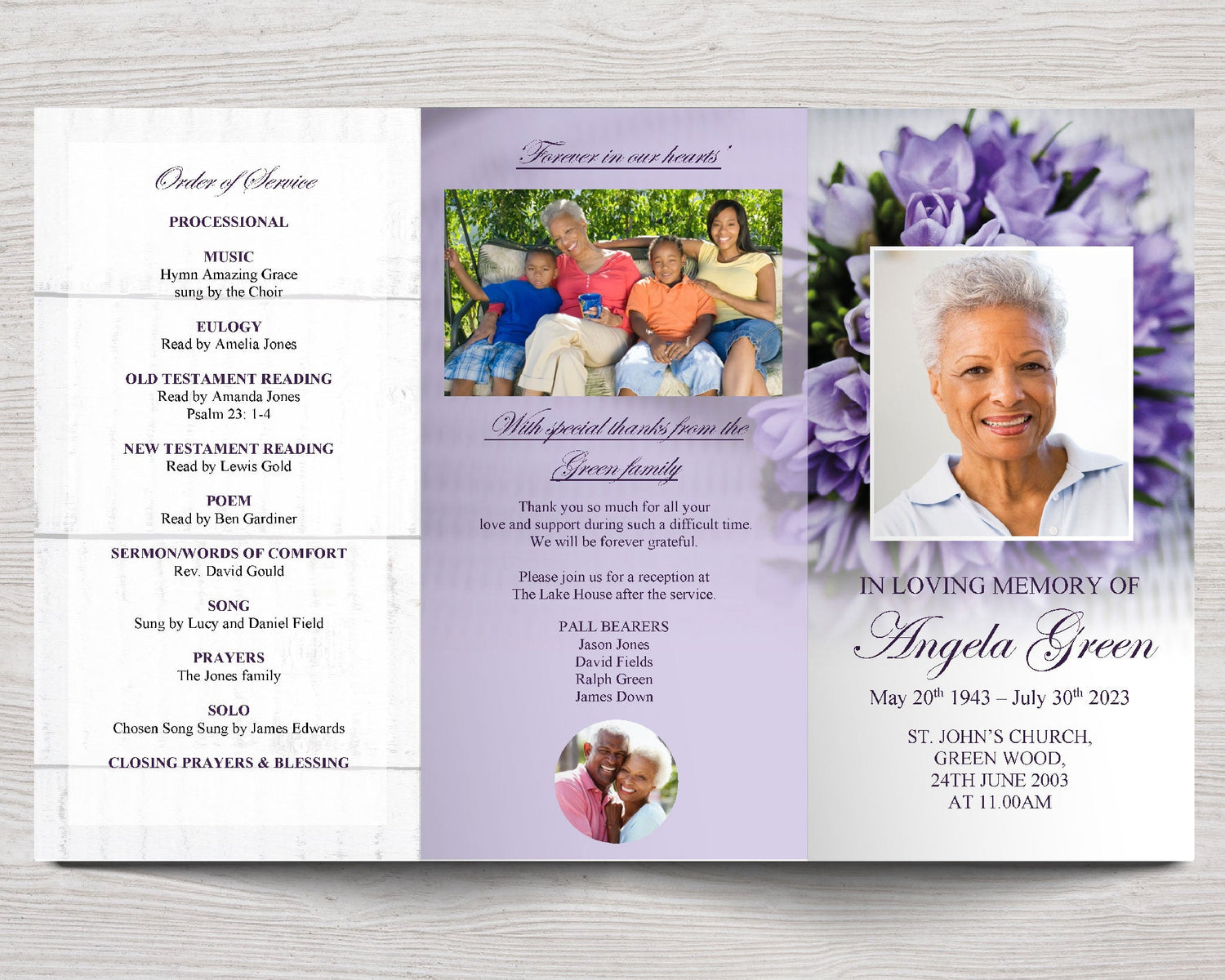 11x17 Trifold Purple Flowers Funeral Program Template