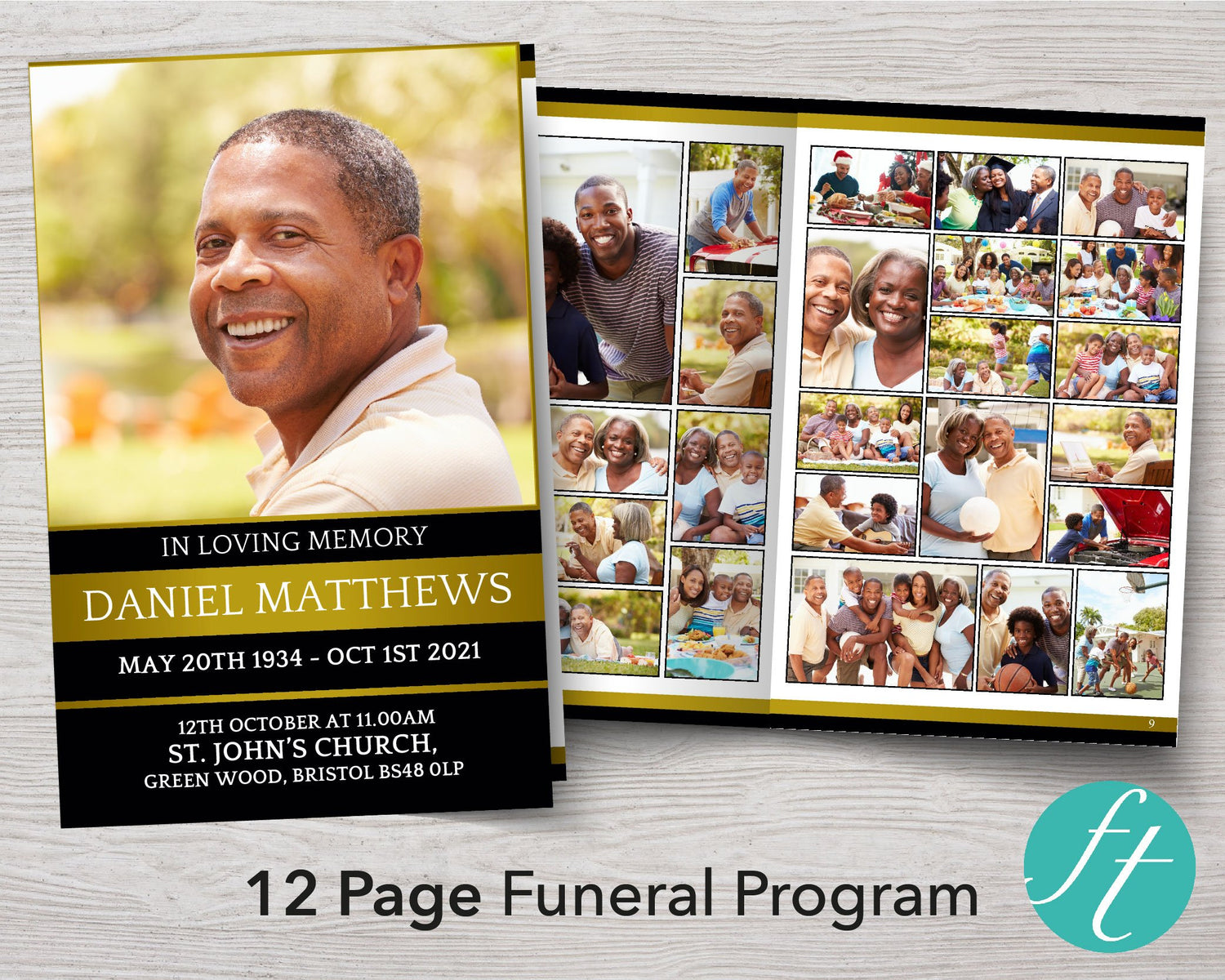 12 Page Golden Funeral Program Template