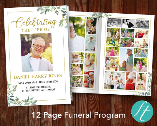12 Page Green Leaf Funeral Program Template