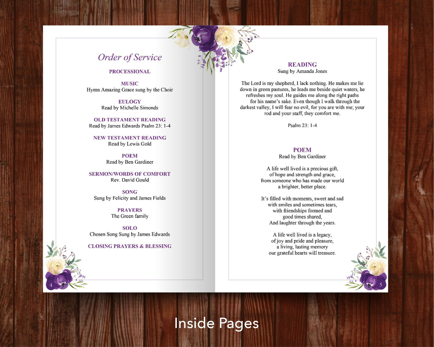 12 Page Purple Bloom Funeral Program Template