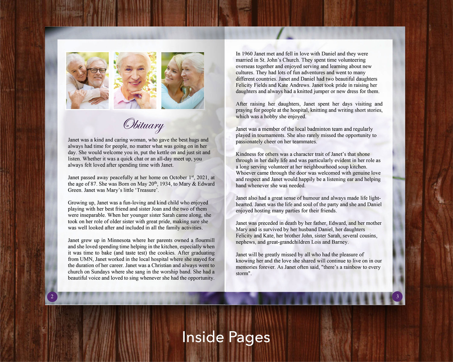12 Page Purple Bouquet Funeral Program Template