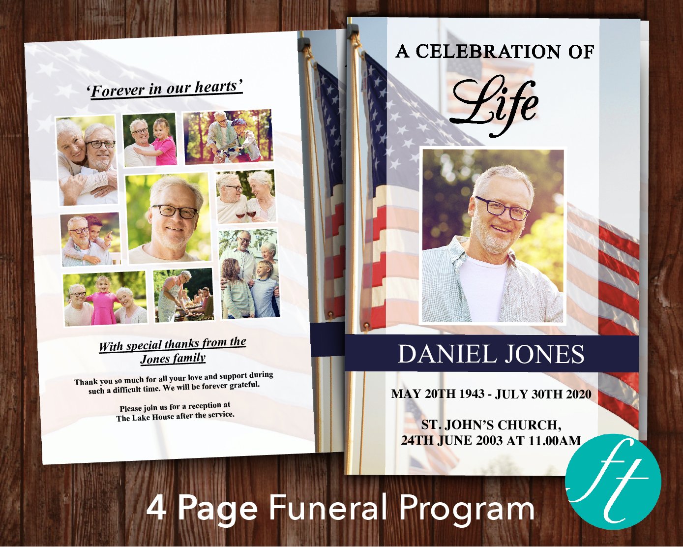 4 Page American Flag Funeral Program Template