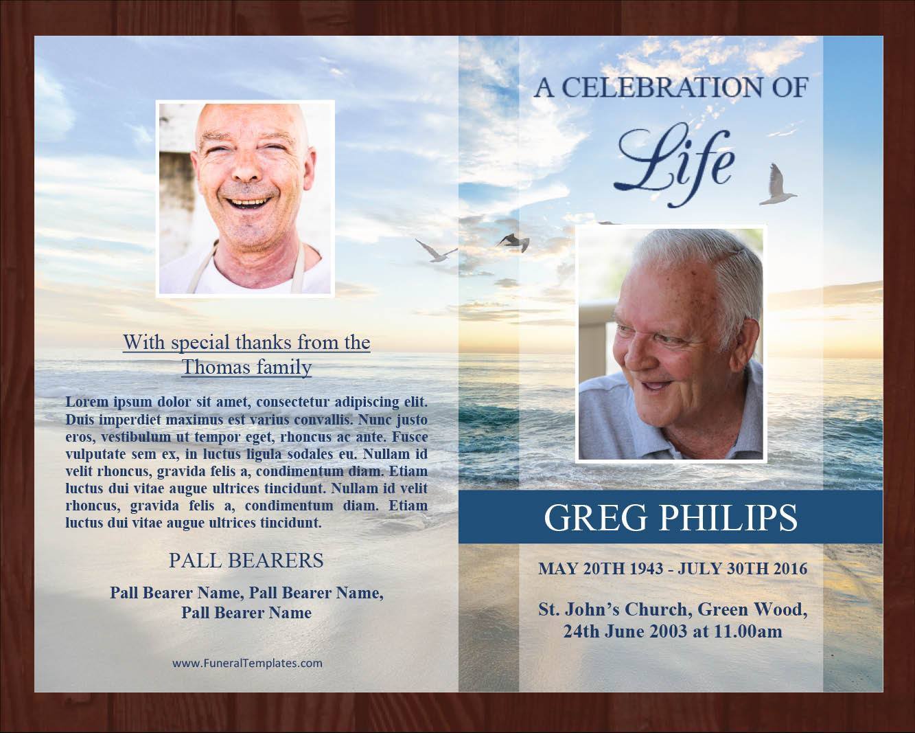 4 Page Beach Funeral Program Template + Prayer Card
