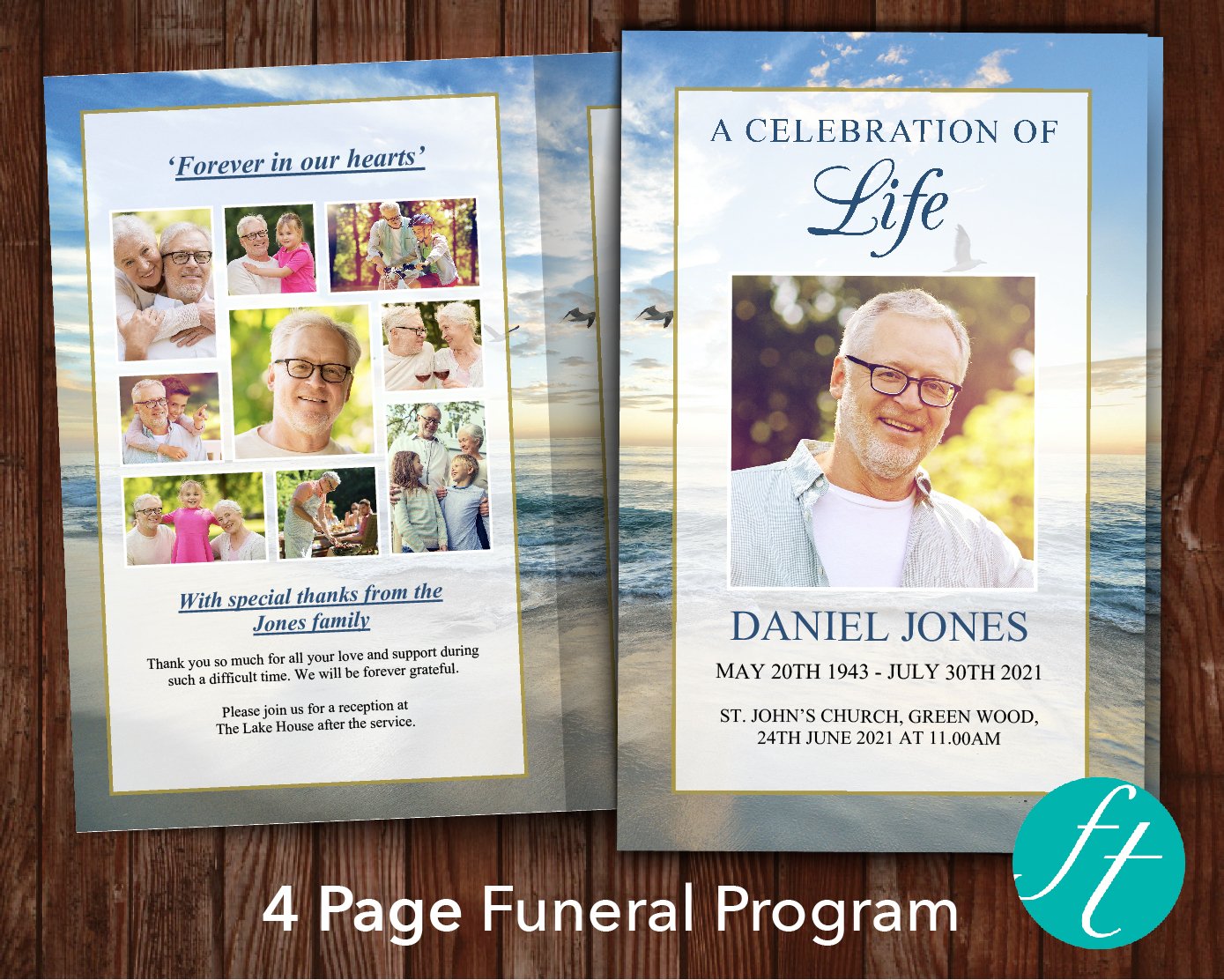 4 Page Beach Sunrise Funeral Program Template