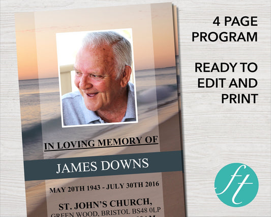 4 Page Beach Wave Funeral Program Template