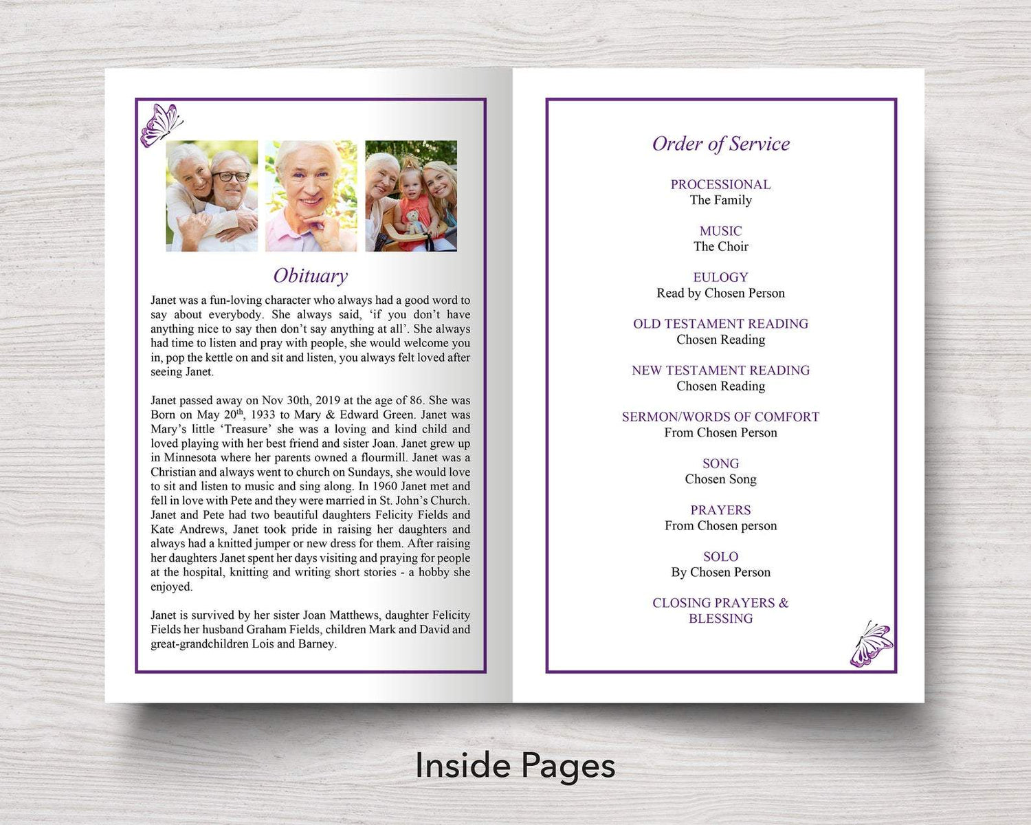 4 Page Butterfly Funeral Program Template