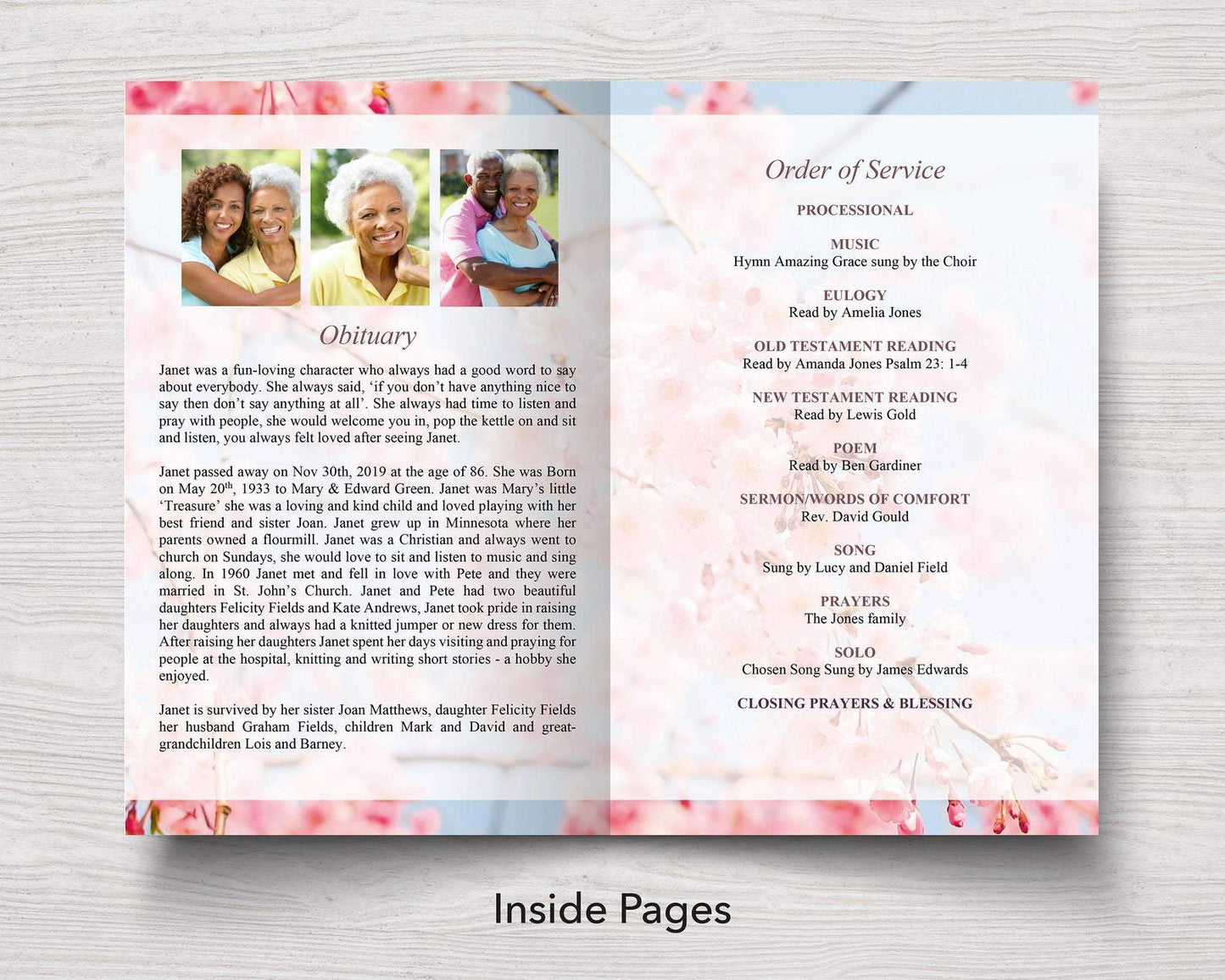 4 Page Cherry Blossom Funeral Program Template