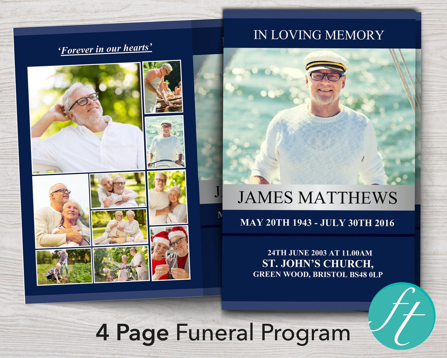 4 Page Classic Blue Funeral Program Template